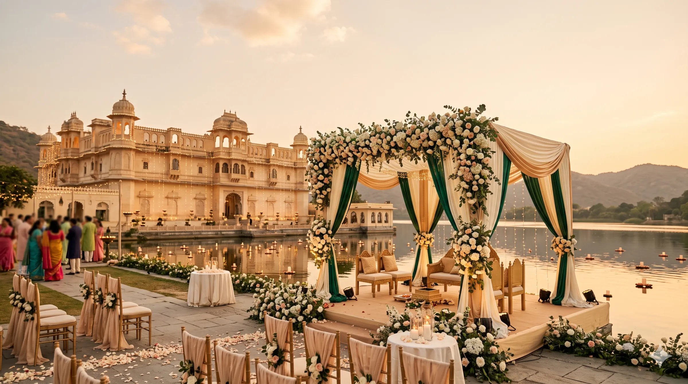 A lakeside palace mandap at golden hour, draped in emerald and ivory with floral garlands, floating lamps glowing on the water.