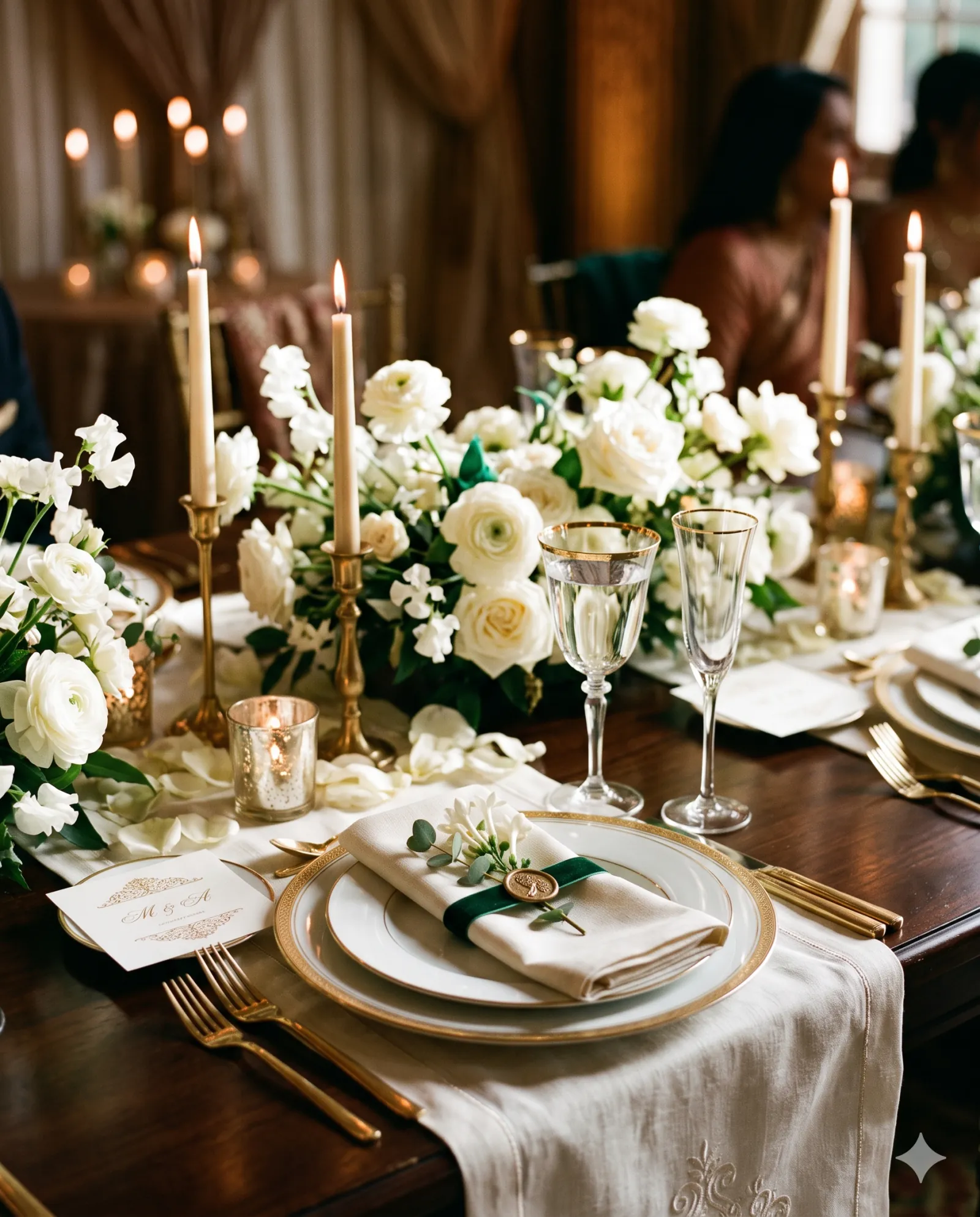 An intimate reception tablescape — emerald velvet napkin ties, gold-rimmed crystal, ivory roses and candlelight.