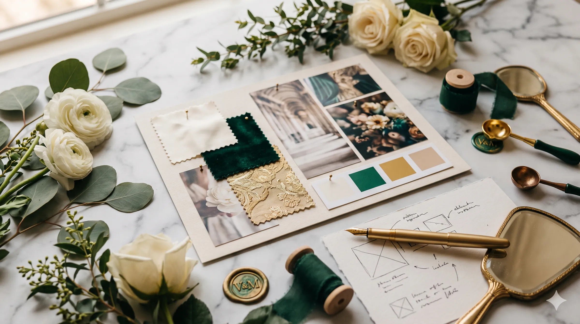 A wedding design mood board — ivory and emerald velvet swatches, gold lace, a palette of green, gold and blush, sketches and white roses on marble.