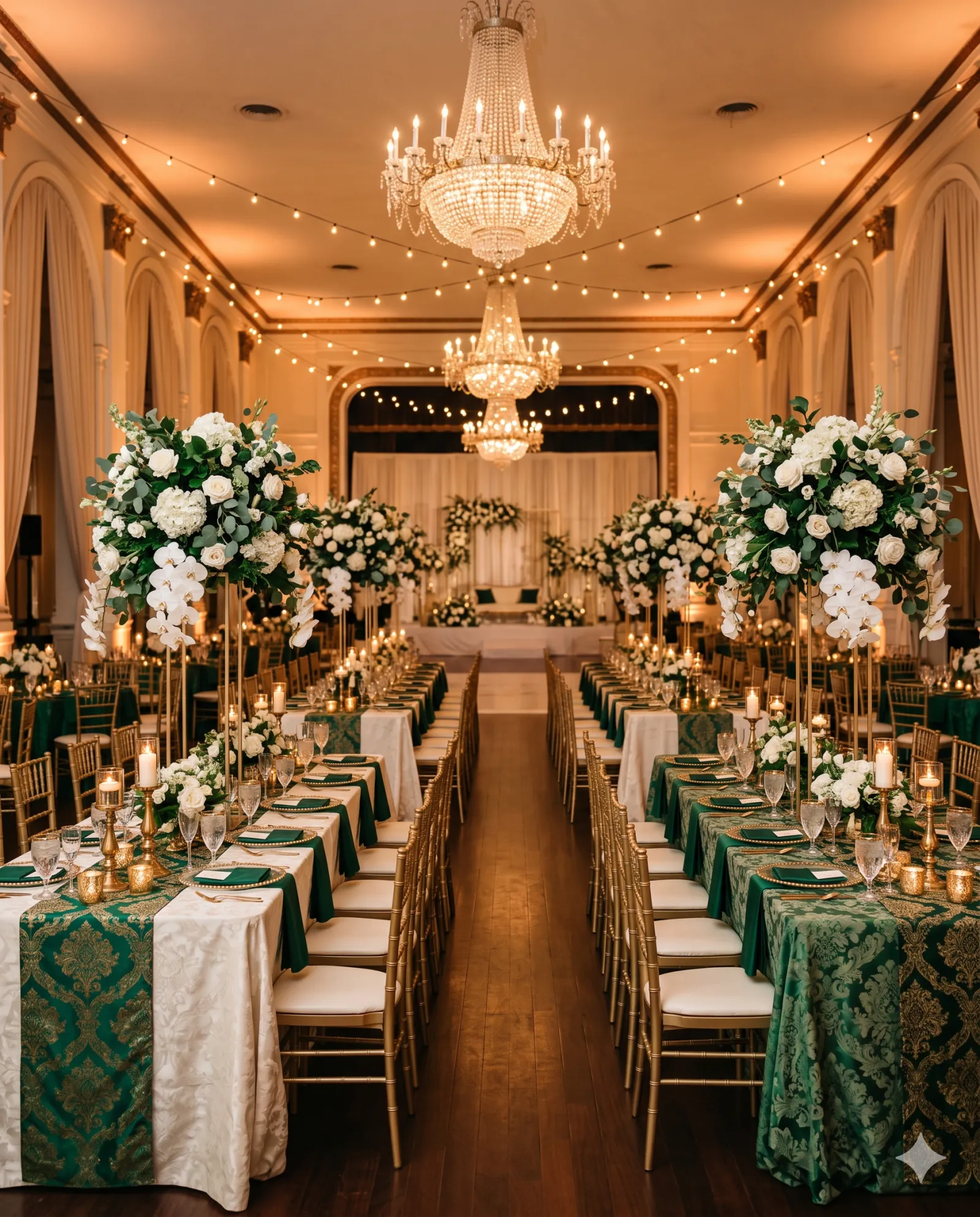 A grand ballroom reception — emerald damask linens, gold chiavari chairs, towering ivory florals beneath crystal chandeliers.