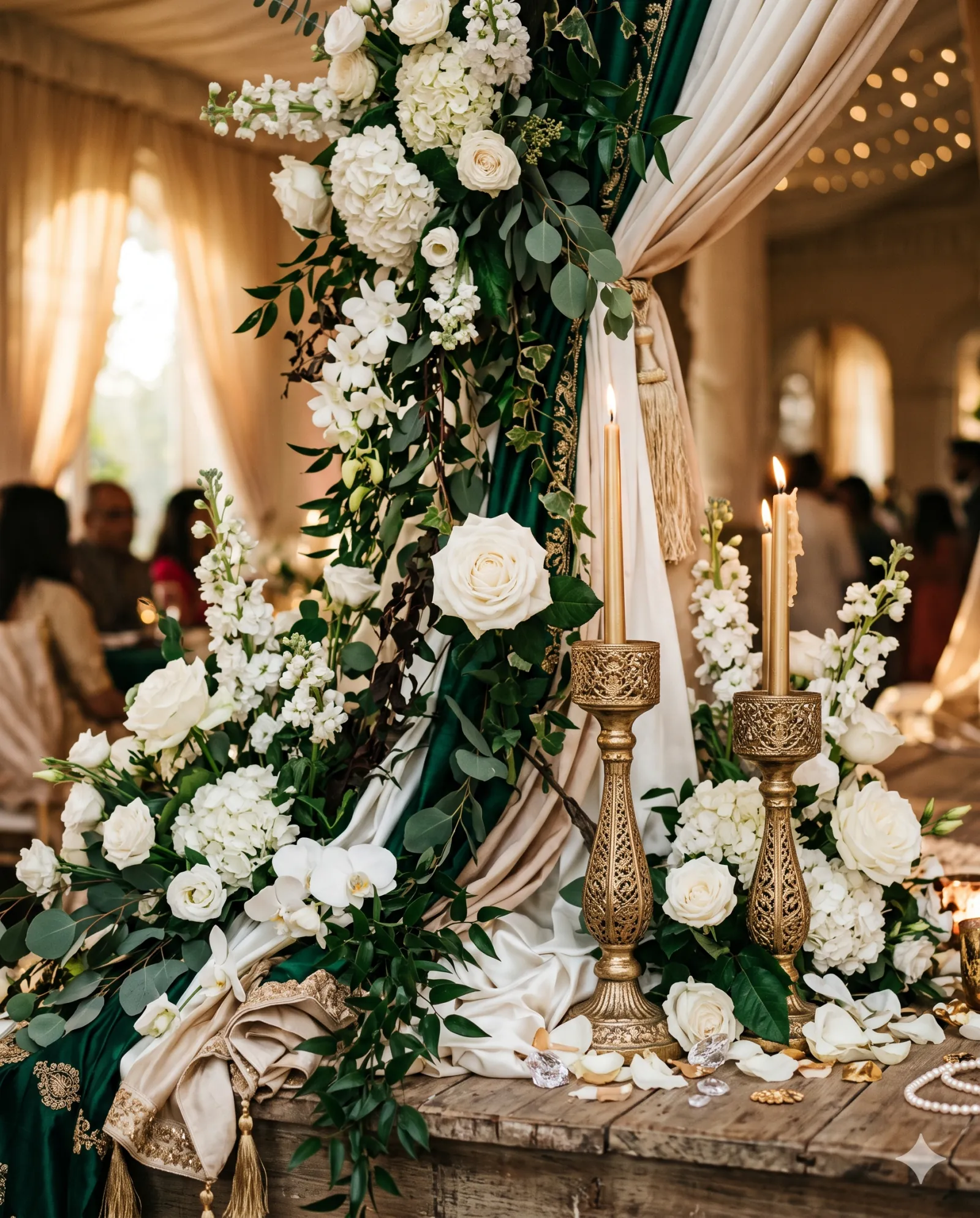 Cascading ivory roses, orchids and eucalyptus over an emerald and gold-trimmed drape, framed by ornate gold candlesticks.