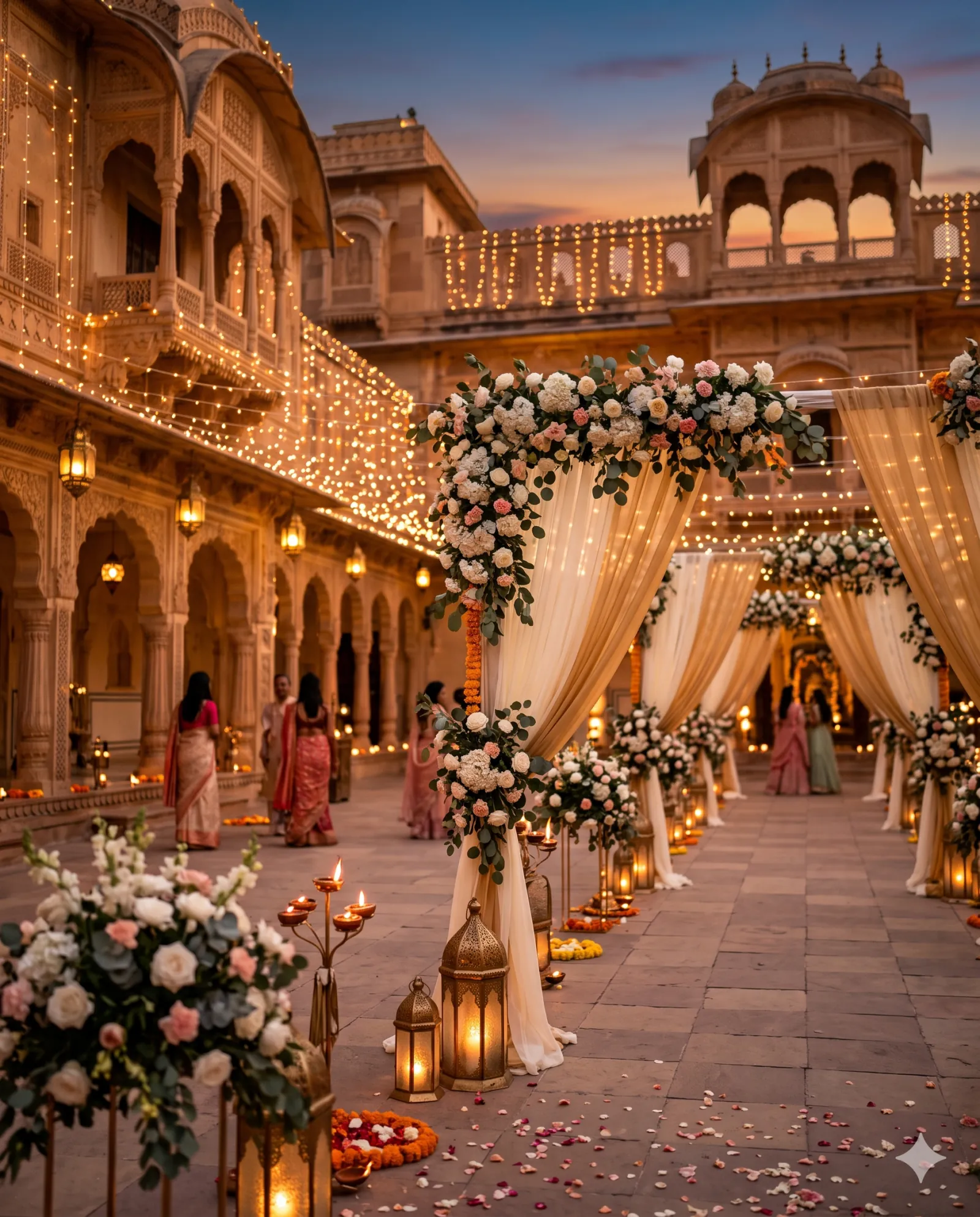 A heritage palace courtyard at dusk strung with fairy lights, a draped floral entrance arch, lanterns and marigolds lining the path.