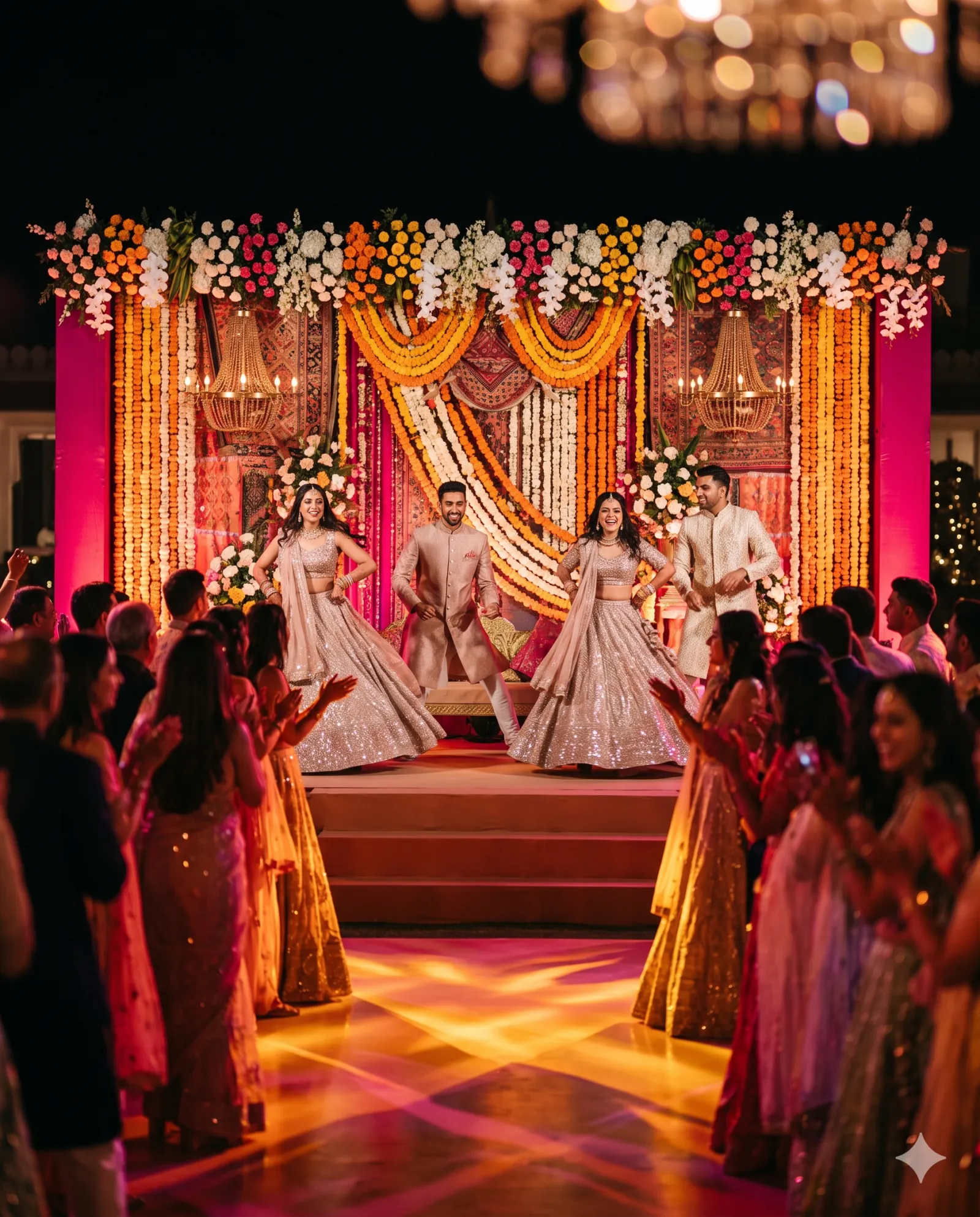 A sangeet in full swing — the couple and dancers performing on a marigold-draped stage as guests clap under warm festive lights.