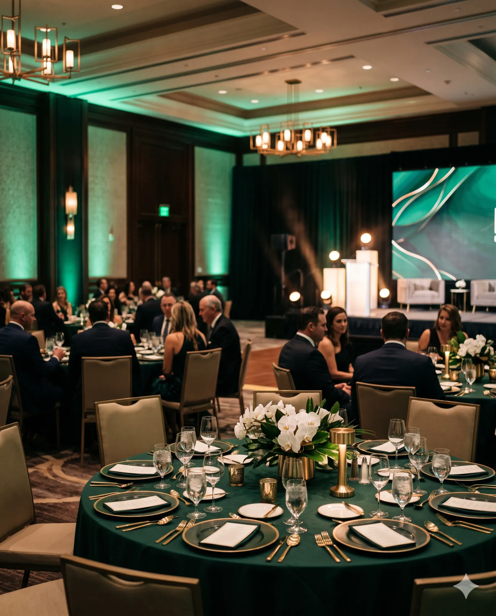 An elegant corporate gala dinner bathed in emerald uplighting — round tables in deep green, a lit stage and gold accents.