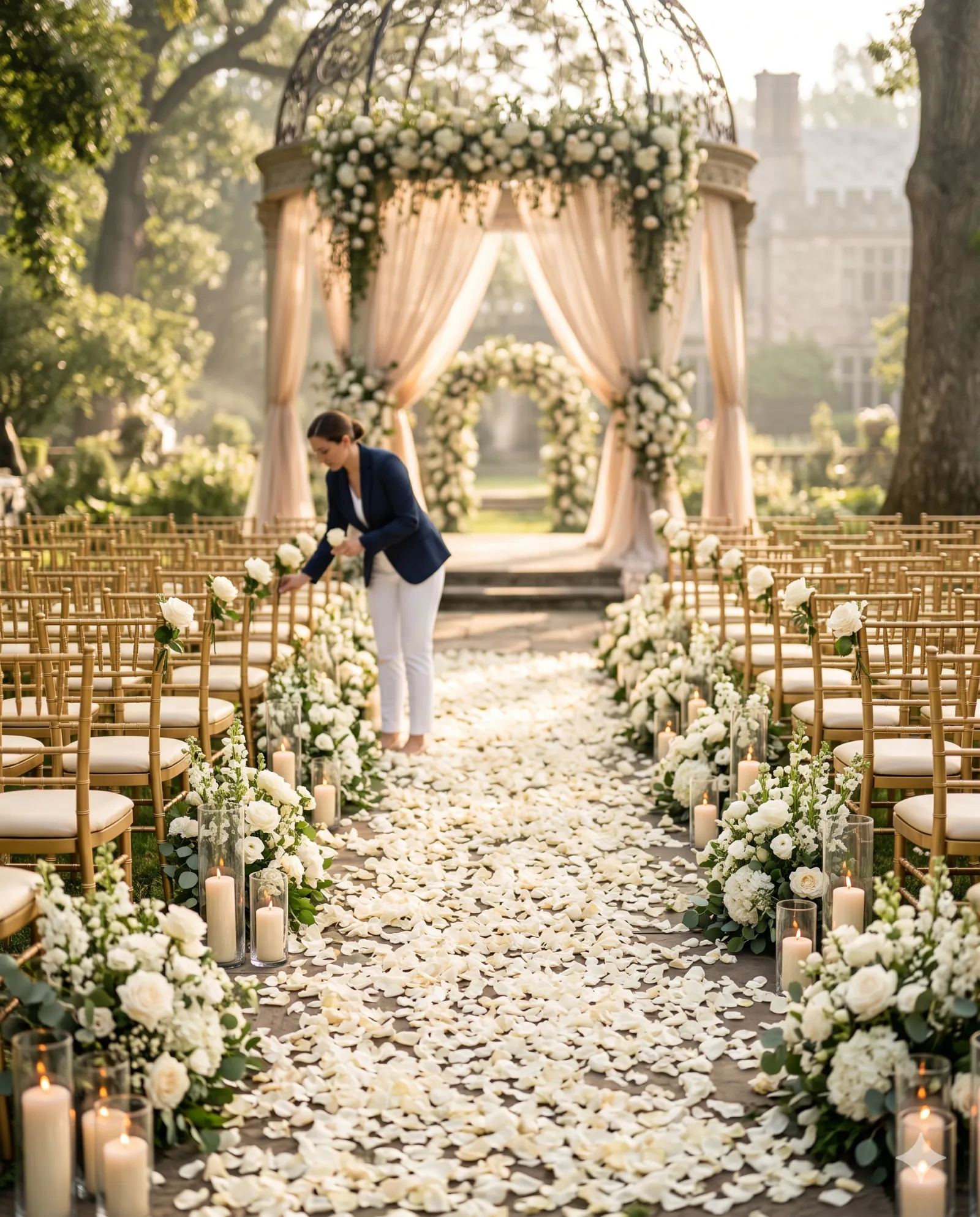 A wedding coordinator in a navy blazer placing ivory roses along a petal-strewn aisle of gold chairs before a draped garden gazebo.